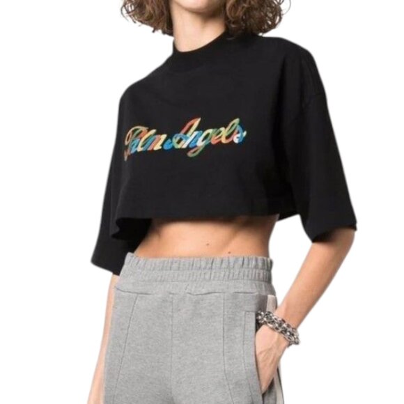 Palm Angels Embroidered Rainbow Logo Cropped Tee in Black Luxury Women's Large - Picture 1 of 11
